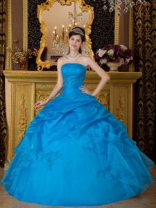 Blue Floor-length Strapless Organza Quince Dresses in Clifton