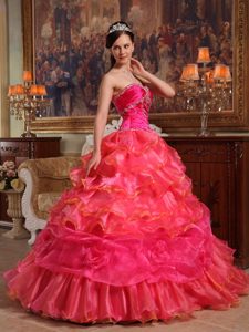 Red Tiered Taffeta and Organza Appliques Quince Dresses in Clifton