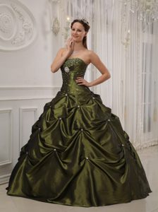 Olive Green Beaded Taffeta Quinceanera Gown with Pick Ups in Auckland