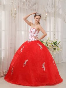 White and Red Strapless Organza Appliques Quince Dresses in Clifton