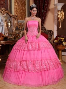Pink Layered Quinceanera Gown with Appliques and Lace in Clifton