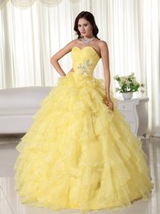 Yellow Strapless Ruffled Organza Appliques Quinceanera Dress in paris