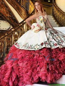 Customized White and Red Sleeveless Brush Train Embroidery and Ruffles With Train 15 Quinceanera Dress