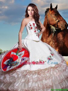 Romantic White Lace Up Strapless Embroidery and Ruffled Layers Quince Ball Gowns Organza and Taffeta Sleeveless