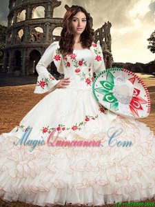 Floor Length Lace Up Sweet 16 Dress White and In for Military Ball and Sweet 16 and Quinceanera with Embroidery and Ruffles