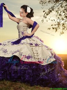 White And Purple Lace Up Sweetheart Embroidery and Ruffles Sweet 16 Quinceanera Dress Organza and Taffeta Sleeveless Brush Train