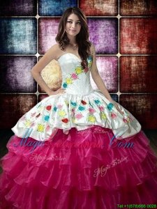 Fuchsia Ball Gowns Embroidery and Ruffled Layers Sweet 16 Dresses Lace Up Organza Sleeveless Floor Length