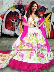 Fabulous Sleeveless Organza and Taffeta With Brush Train Lace Up Sweet 16 Dresses in White for with Embroidery