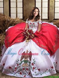 Ideal White And Red Off The Shoulder Neckline Embroidery and Ruffled Layers Sweet 16 Dresses Sleeveless Lace Up