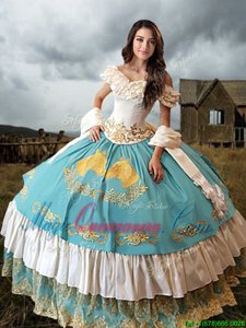 Designer Off the Shoulder Short Sleeves Taffeta Floor Length Lace Up Quinceanera Dress in Blue And White for with Lace and Embroidery and Ruffled Layers