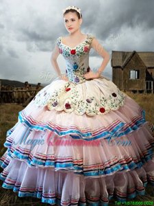 Affordable Straps Straps White Cap Sleeves Floor Length Embroidery and Ruffled Layers Lace Up 15 Quinceanera Dress