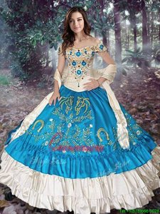 Modern Off the Shoulder Teal Lace Up Quinceanera Gown Embroidery and Ruffled Layers Cap Sleeves