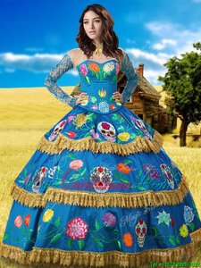 Perfect High-neck Long Sleeves Quinceanera Gowns Floor Length Lace and Embroidery Blue Taffeta