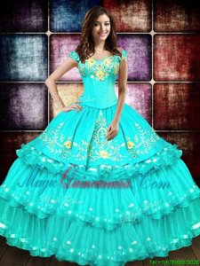 Trendy Off the Shoulder Ruffled Turquoise Sleeveless Organza Lace Up Sweet 16 Dress for Military Ball and Sweet 16 and Quinceanera