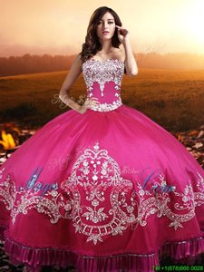 Hot Pink Ball Gowns Taffeta Sweetheart Sleeveless Beading and Embroidery Floor Length Lace Up Quince Ball Gowns