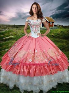 Beautiful Watermelon Red Ball Gown Prom Dress Military Ball and Sweet 16 and Quinceanera and For with Embroidery and Ruffled Layers Off The Shoulder Sleeveless Lace Up