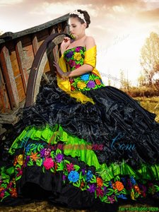 Modern Black Strapless Neckline Embroidery and Ruffles Quinceanera Dress Sleeveless Lace Up