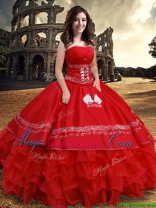 Hot Selling Organza and Taffeta Strapless Sleeveless Lace Up Embroidery and Ruffled Layers Quinceanera Dresses in Red