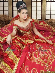 Red Taffeta Lace Up Off The Shoulder Sleeveless Floor Length 15 Quinceanera Dress Beading and Embroidery and Ruffled Layers