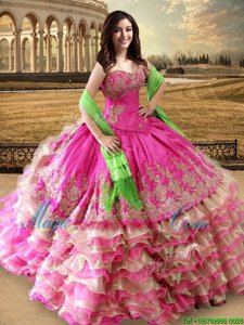 Adorable Hot Pink Sleeveless Beading and Embroidery and Ruffled Layers Floor Length Quinceanera Dress