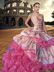 Simple With Train Lace Up Sweet 16 Dresses Pink And White and In for Military Ball and Sweet 16 and Quinceanera with Embroidery and Ruffles Court Train