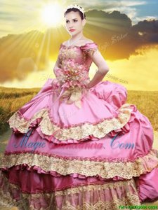 Shining Rose Pink Lace Up Off The Shoulder Lace and Appliques and Pick Ups Quinceanera Gown Taffeta Sleeveless