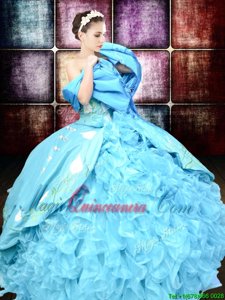 Baby Blue Sleeveless Floor Length Embroidery and Ruffles Lace Up 15th Birthday Dress