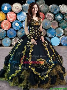 Flare Black Ball Gowns Organza and Taffeta Sweetheart Sleeveless Beading and Embroidery and Ruffles Floor Length Lace Up Vestidos de Quinceanera