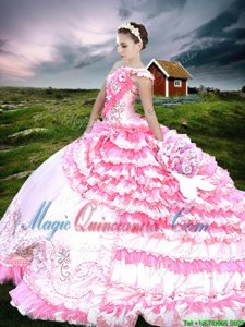 Fashionable Pink And White Organza and Taffeta Lace Up One Shoulder Sleeveless Floor Length 15 Quinceanera Dress Beading and Embroidery and Ruffled Layers