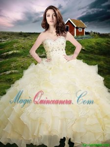 Great Floor Length Lace Up Quinceanera Gowns Light Yellow and In for Military Ball and Sweet 16 and Quinceanera with Beading and Ruffled Layers