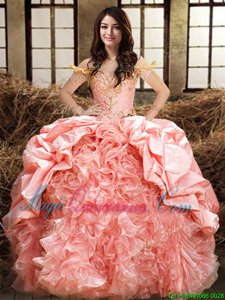 Off the Shoulder Sleeveless Floor Length Beading and Ruffles and Pick Ups Lace Up 15th Birthday Dress with Pink