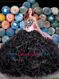 Unique Black Ball Gowns Sweetheart Sleeveless Organza Floor Length Lace Up Beading and Ruffles and Pick Ups Quinceanera Gown