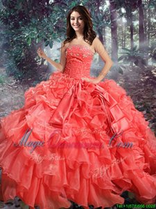 Amazing Sleeveless Floor Length Beading and Ruffles Lace Up Sweet 16 Dress with Coral Red