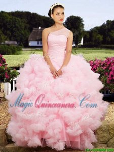 One Shoulder Baby Pink Ball Gowns Beading Sweet 16 Dress Lace Up Tulle Sleeveless Floor Length