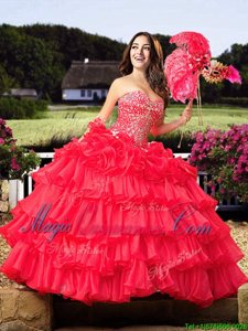 Beauteous Coral Red Sleeveless Floor Length Beading and Ruffled Layers Lace Up Quinceanera Dresses