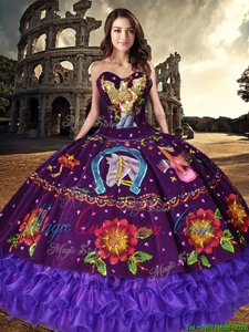 Elegant Ruffled Floor Length Purple Ball Gown Prom Dress Sweetheart Sleeveless Lace Up