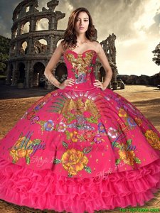 Fantastic Floor Length Red Quinceanera Dress Organza and Taffeta Sleeveless Embroidery and Ruffled Layers