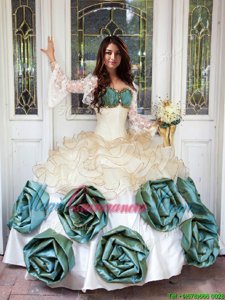 White Ball Gowns Sweetheart Sleeveless Organza and Taffeta Floor Length Lace Up Beading and Ruffles and Hand Made Flower 15th Birthday Dress