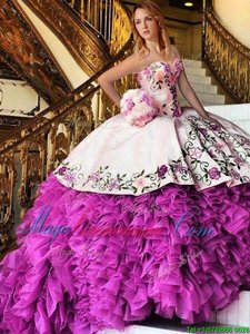 Organza Sweetheart Sleeveless Lace Up Appliques and Embroidery Quinceanera Dresses in Pink And White