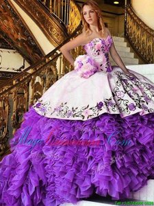 Luxurious White And Purple Ball Gowns Appliques and Embroidery 15th Birthday Dress Lace Up Organza Sleeveless Floor Length