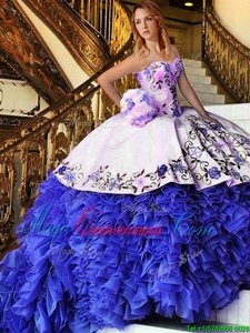 Elegant Blue And White Sweetheart Neckline Appliques and Embroidery Quinceanera Dresses Sleeveless Lace Up