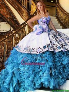 Stunning Baby Blue Sweetheart Lace Up Appliques and Embroidery and Ruffles Sweet 16 Dresses Sleeveless