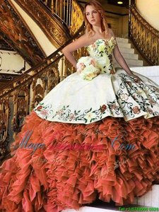 Rust Red Sweetheart Lace Up Appliques and Embroidery and Ruffles Sweet 16 Quinceanera Dress Sleeveless
