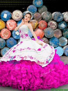 Ideal Sleeveless Floor Length Appliques and Embroidery and Ruffles Lace Up Sweet 16 Dress with Multi-color