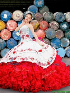 Sweetheart Sleeveless Lace Up Quinceanera Dresses White And Red Organza