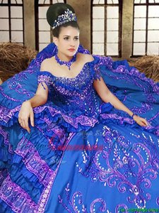 Off the Shoulder Royal Blue Lace Up Sweet 16 Dress Embroidery Sleeveless Floor Length