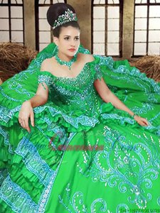 Cute Off the Shoulder Sleeveless Satin Floor Length Lace Up Quinceanera Gown in for with Embroidery