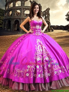 Clearance Satin Sweetheart Sleeveless Lace Up Embroidery Quince Ball Gowns in Fuchsia