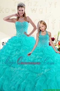 Fitting Sweetheart Sleeveless Quinceanera Dress Floor Length Beading and Ruffles Aqua Blue Organza