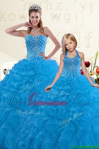 Blue Quinceanera Dress Military Ball and Sweet 16 and Quinceanera and For with Beading and Ruffles Sweetheart Sleeveless Lace Up